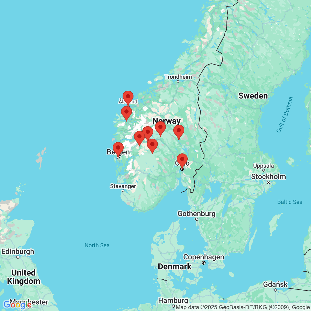 Carte du voyage LES FJORDS DE BERGEN A OSLO - NORVEGE