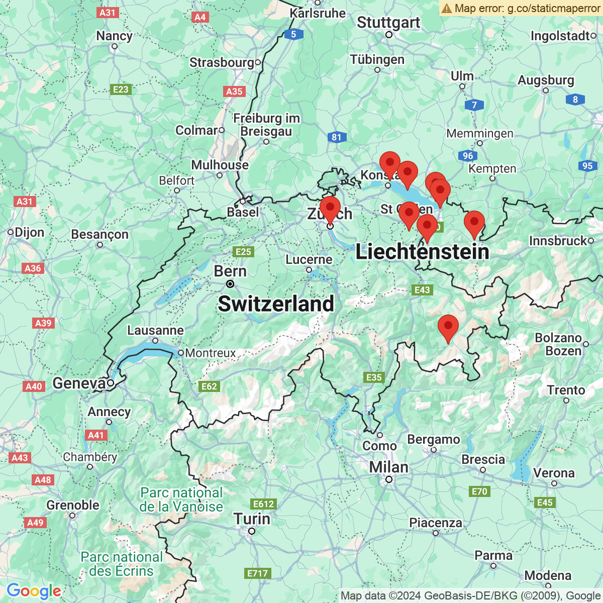 Carte du voyage Autriche / Suisse / Allemagne / Liechtenstein