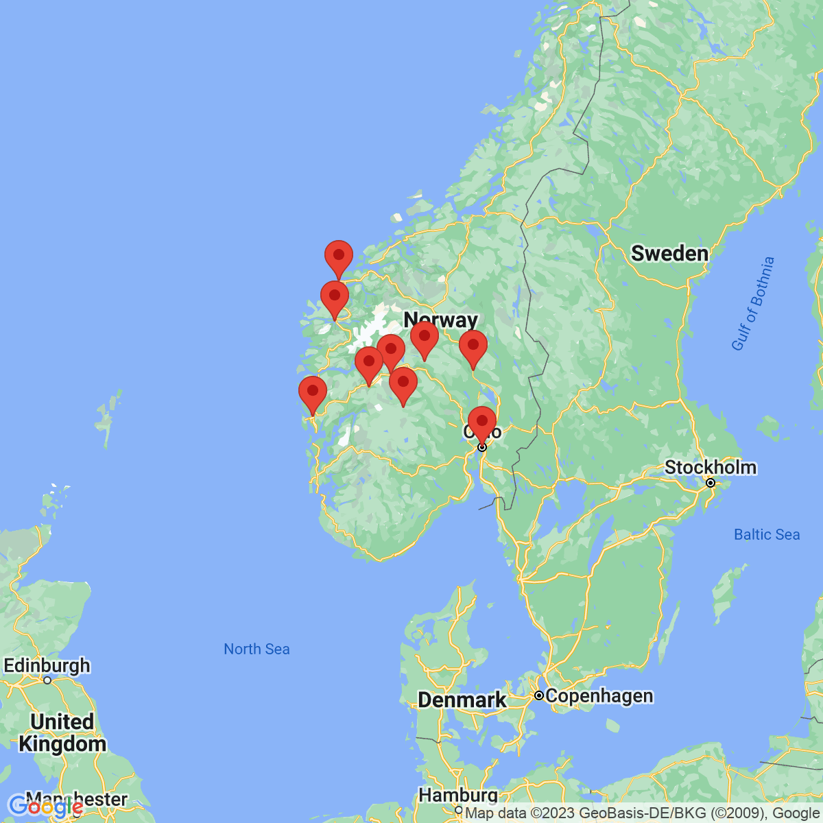 Carte du voyage LES FJORDS DE BERGEN A OSLO